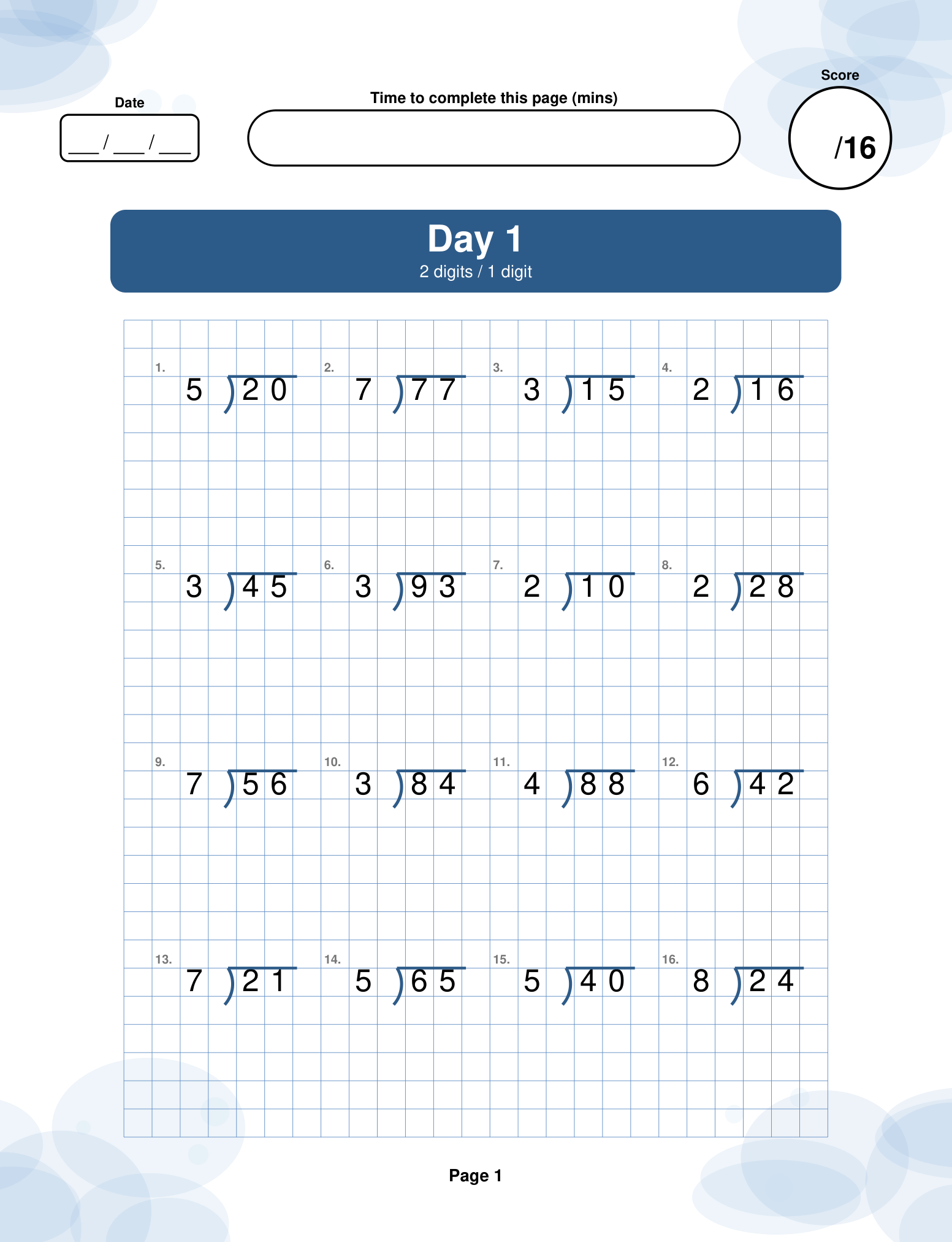 Day 1 — 2 digits ÷ 1 digit