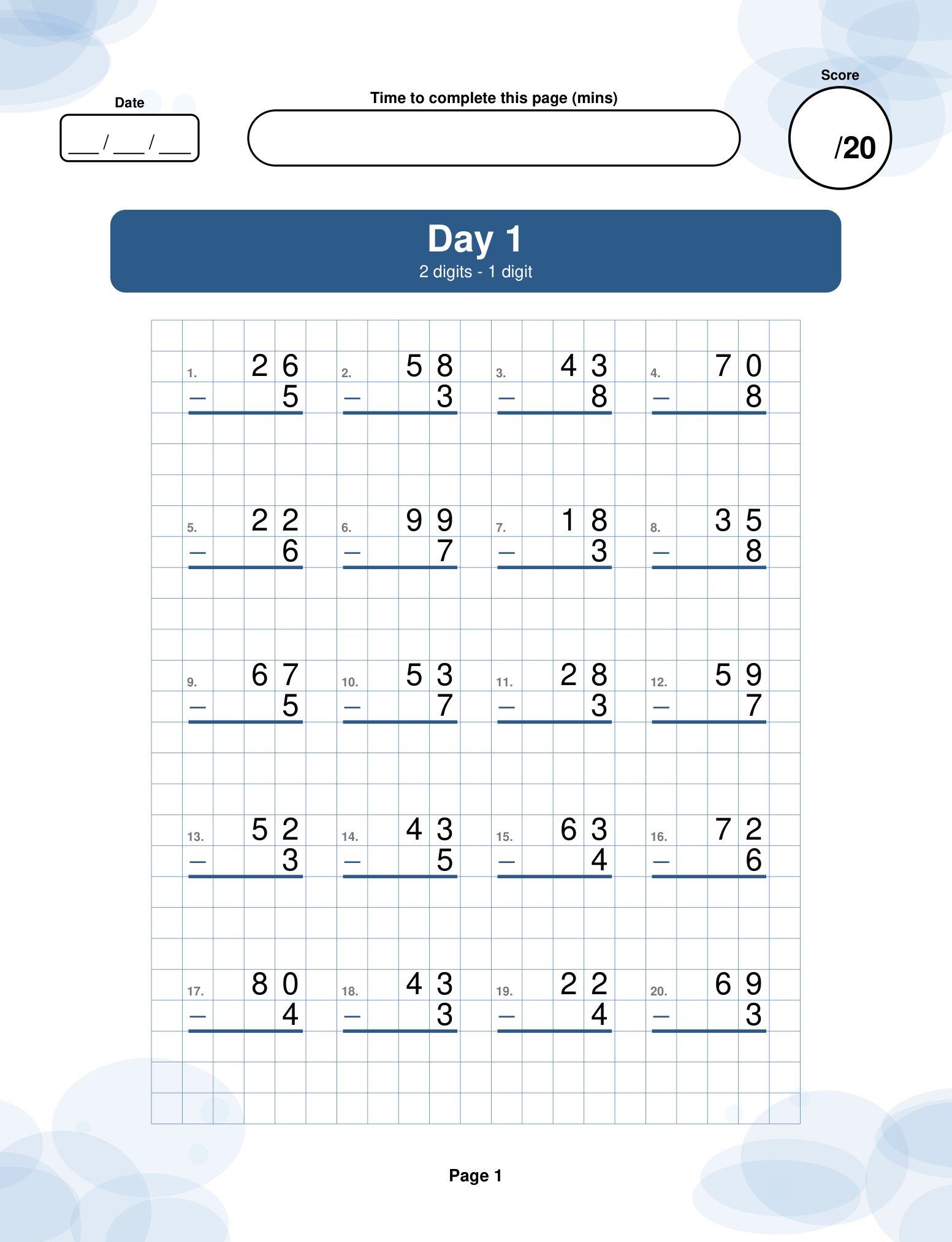 Day 1 — 2 digits - 1 digit